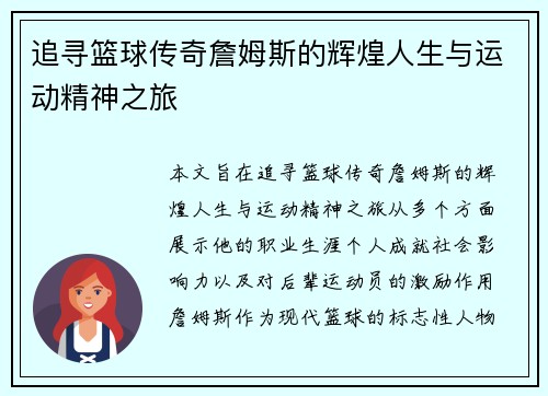 追寻篮球传奇詹姆斯的辉煌人生与运动精神之旅