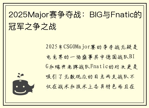 2025Major赛争夺战：BIG与Fnatic的冠军之争之战